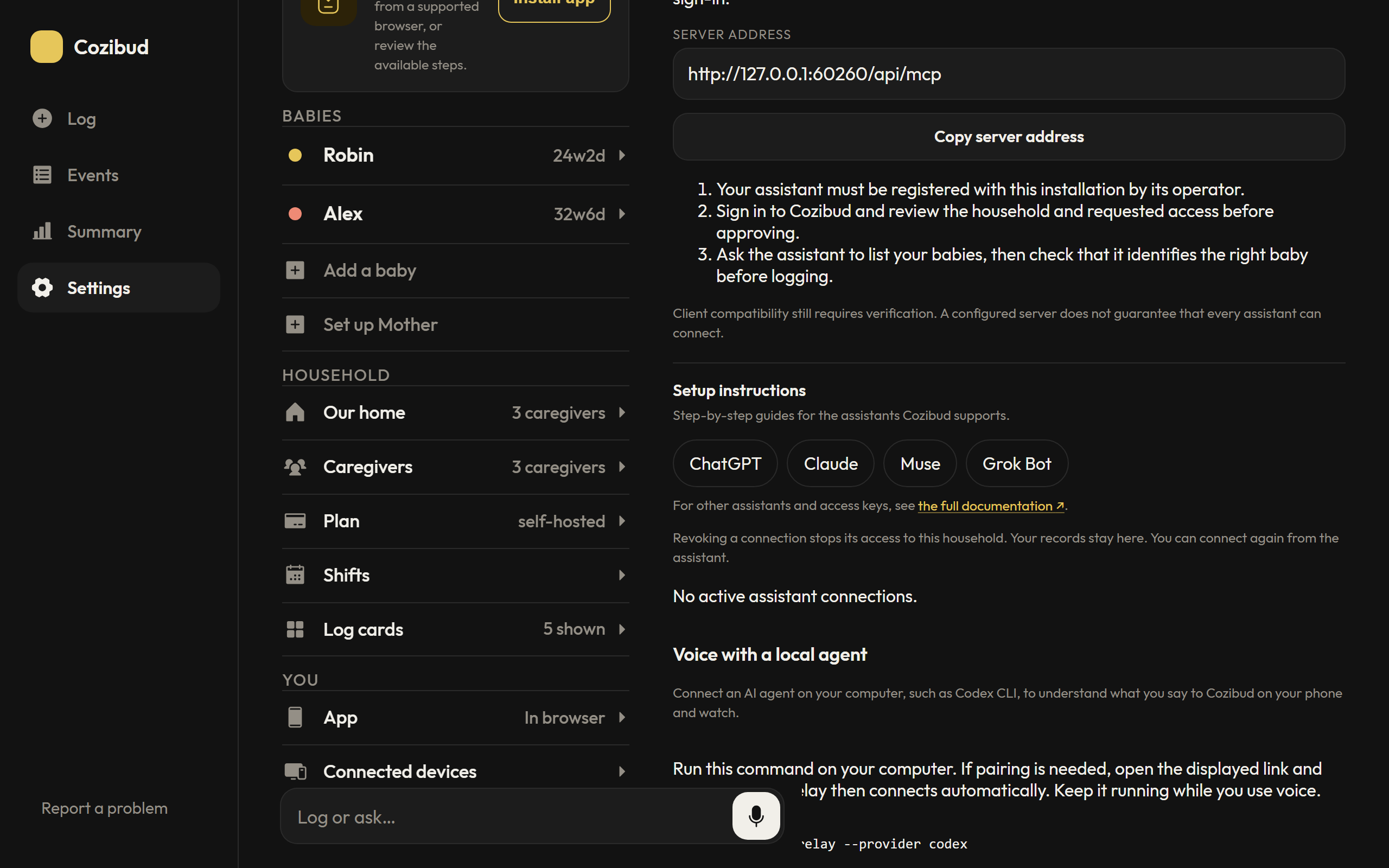 Le panneau Assistants connectés des Réglages avec l’adresse du serveur et le bouton Copier l’adresse du serveur, les guides de configuration pour ChatGPT, Claude, Muse et Grok Bot, et aucune connexion d’assistant active.