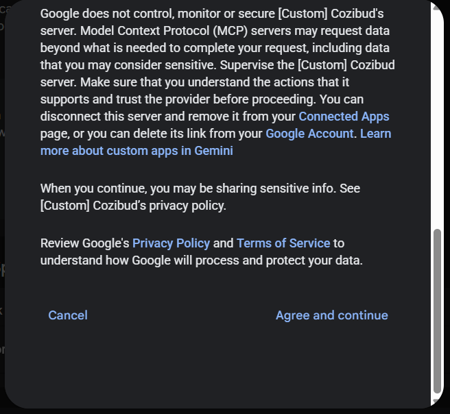 L’avertissement de Google sur la liaison avec le serveur Custom Cozibud, avec les boutons Cancel et Agree and continue.
