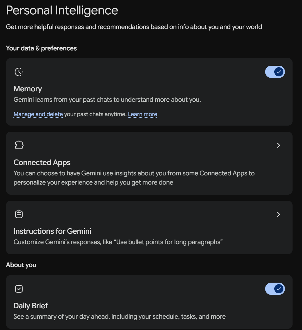 Memory、Connected Apps、Instructions for Gemini のカードが並ぶ Personal Intelligence ページ。Connected Apps カードの右端に矢印がある。