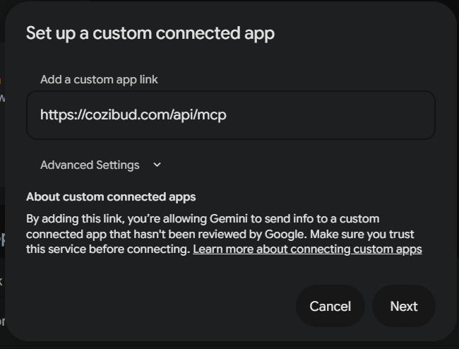 cozibud のサーバーアドレスが入力された Set up a custom connected app ダイアログ。Advanced Settings は閉じており、Cancel と Next ボタンがある。